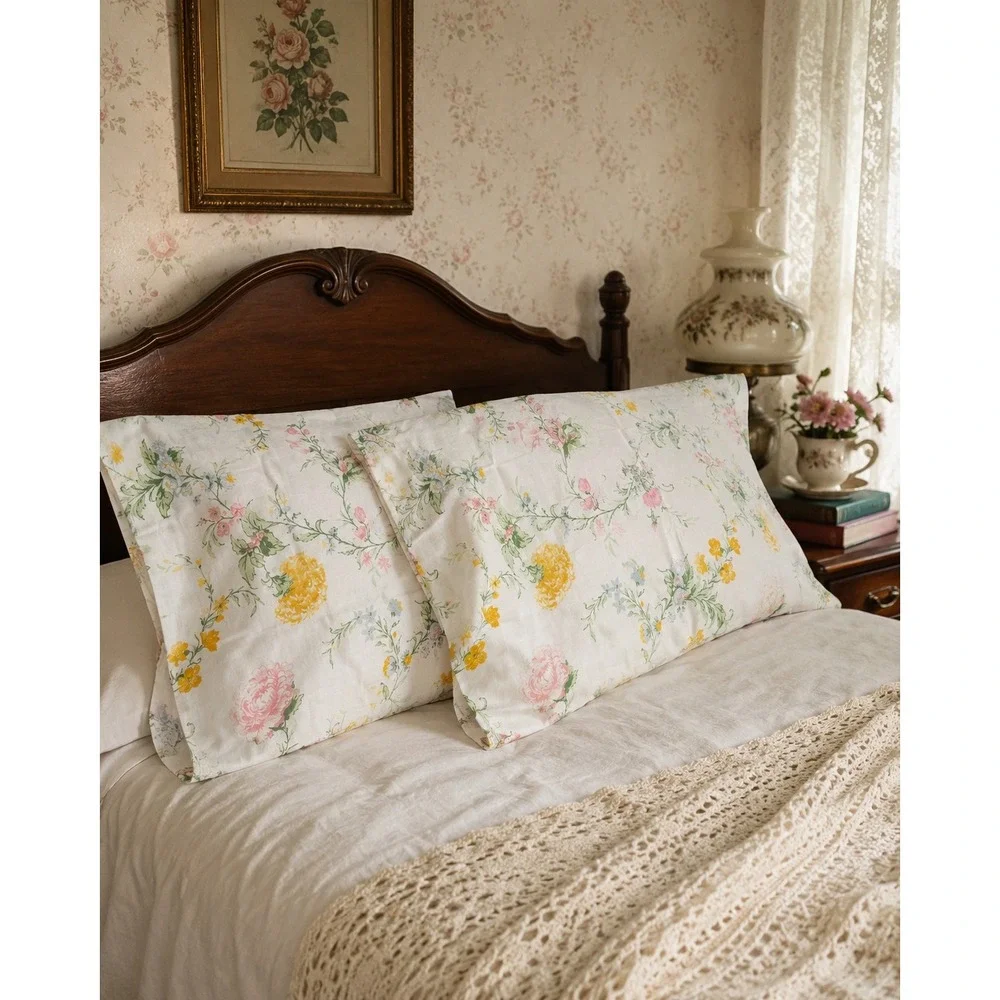 Sears Pillowcase Set Standard White Pink Yellow Floral Vintage Cottagecore 70s
